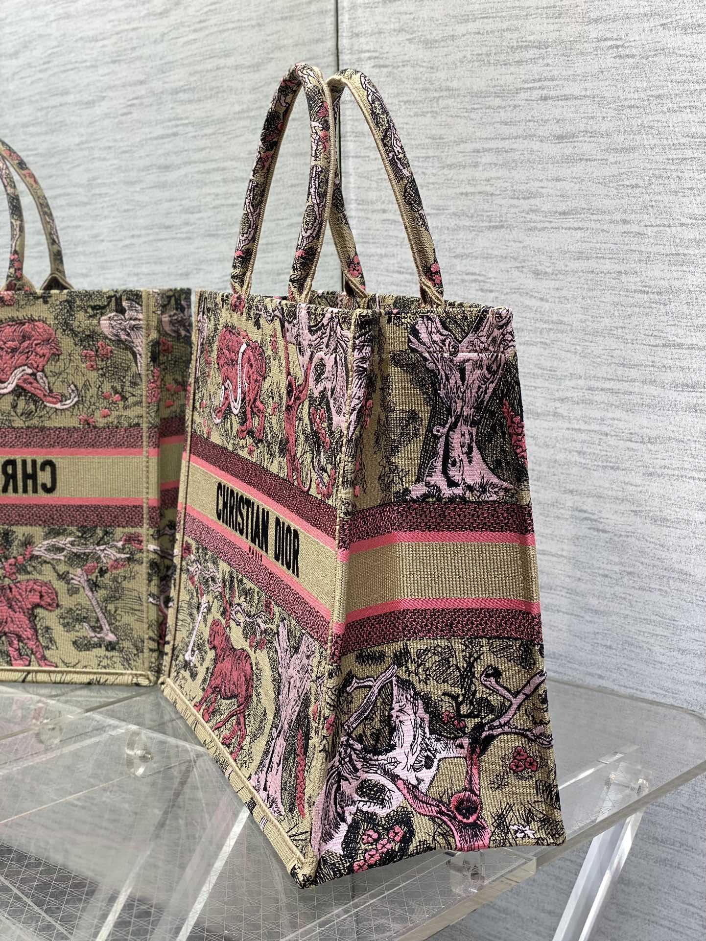 Large Dior Book Tote Bag Raffa with Candy Pink Toile de Jouy Sauvage Embroidery